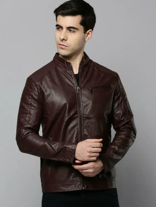 SHOW OFF Men's Coffee Brown Solid Leather Jacket