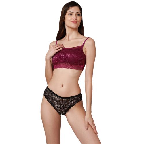 PrivateLifes Burgundy Embroidered Lace Bra & Panty Set For Women ( PL-SET-220009-WHN-30B)