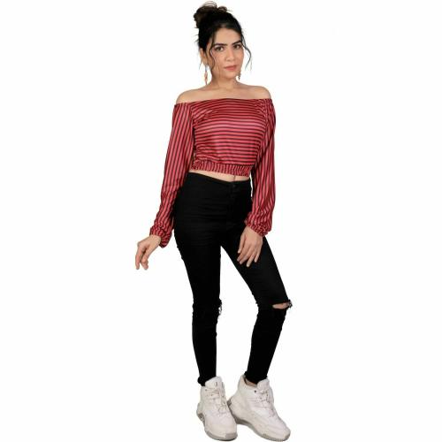 PRIMELADY Women Red Striped Lycra Blend Off Shoulder Crop Top (XXL)