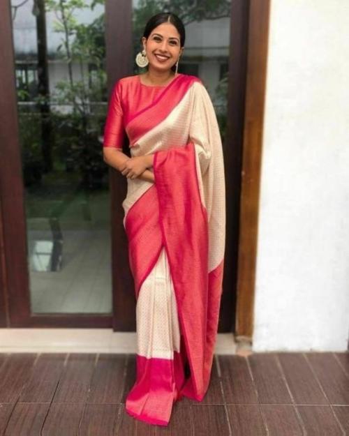 CREATION BAZAAR NC109_H_1_CREAM_PINK Beautiful Art Silk Jacquard Border Saree for Women