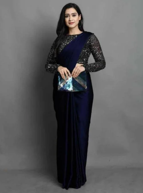 IrisTheStudio Women Dark Blue Silk Blend, Satin Solid, Plain Bollywood Saree