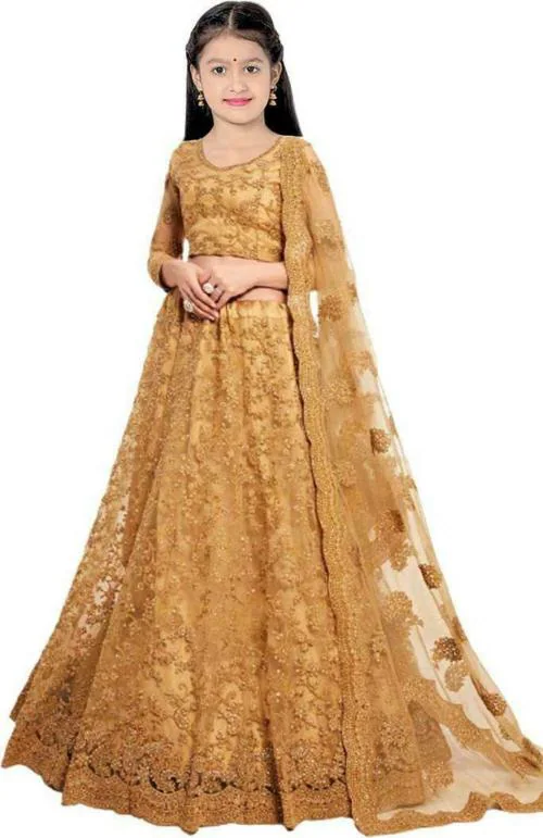 FULPARI Girls Lehenga Choli Ethnic Wear Embroidered Beige Lehenga Choli and Dupatta Set