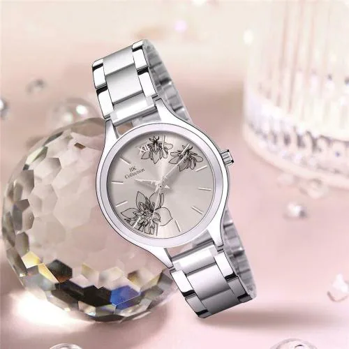 IIK COLLECTION Watches for Women Round Studded Silver Dial |Analogue Quartz Movemnet Ladies Watch|Long Battery Life|Stainless Steel Adjustable Bracelet Chain Strap|Double Lock Clasp Safety Watches for Girls