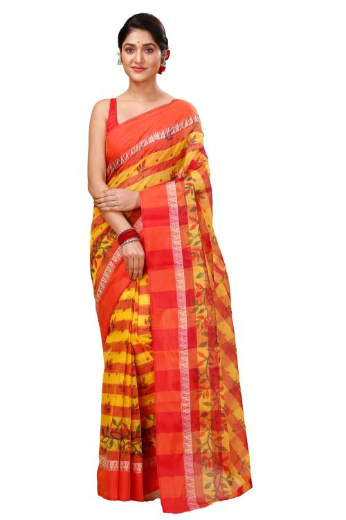 Happy creation Pure Bengali Cotton Tant Saree without blouse piece lal holud mc
