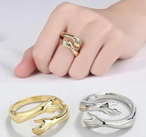 AJS Rings Silver & Gold Ring Resizable Fine Jewelry Loop Couple Rings Hands Hug Shaped For Women