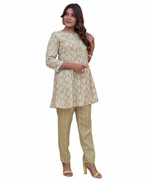 Avsar Women's Cotton Printed Short Kurti with Pant ( XXXL ) Lemon Yellow