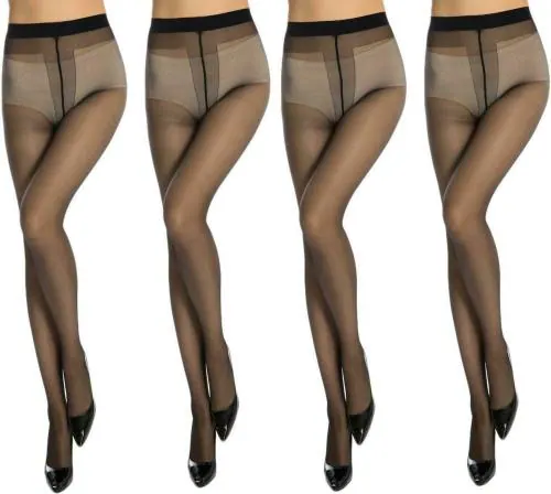 Neska Moda Women's 4 Pair Black Panty Hose Long Comfort Stockings Tights