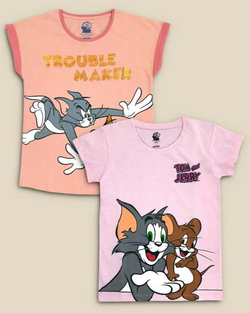 Kids Girls Tom & Jerry Printed Multi Coloured Pack of 2 Tshirts