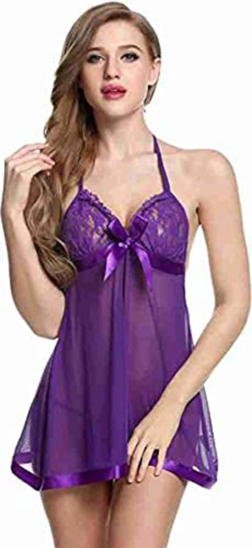 Sujuka Women Purple Net Babydoll Dress Above Knee Net Robe