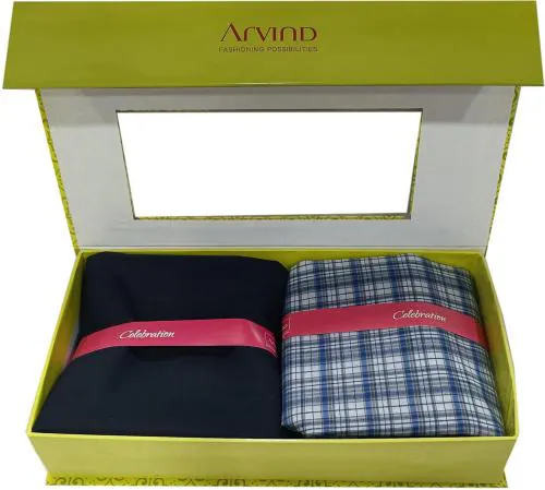 Arvind Men Blue Checkered, Solid Cotton Shirt And Trouser Fabric