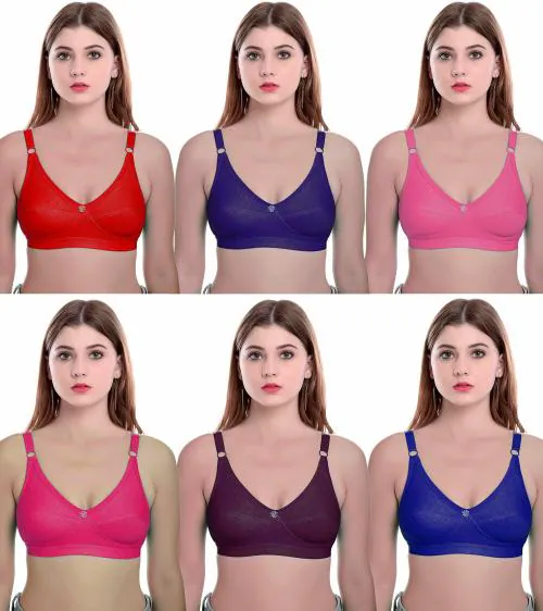 PIBU Multicolor Self Design 100% Cotton Pack Of 6 Bra