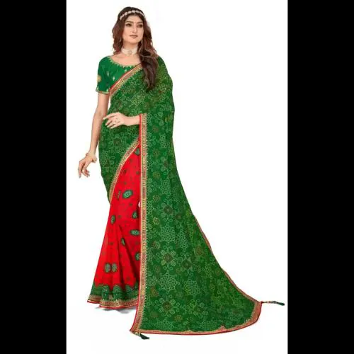Tina Fashion Temple Border Bollywood Georgette Saree (Red, Green)