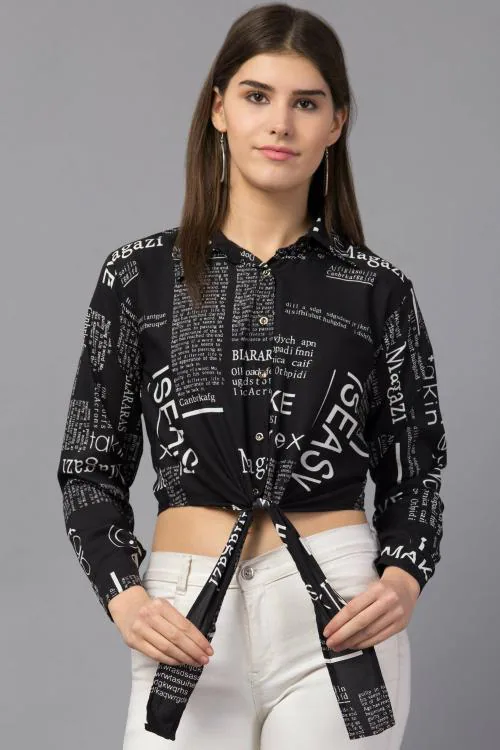 Raabta Fashion Women Black Printed Crepe Top - S