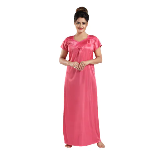 Siami Apparels- Solid Satin Maxi Lace Work Neck Half Sleeve Nighty/ Night Dress /Night Suits / for Women (PK-01)
