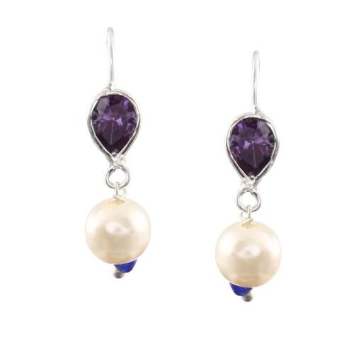silver plated emerald Purple white faux pearl hook earrings