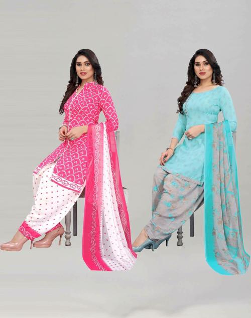 Siril Women'S Crepe Fabric Pink & Aqua Blue Colour Unstitched Combo Printed Salwar Suit Dress Material