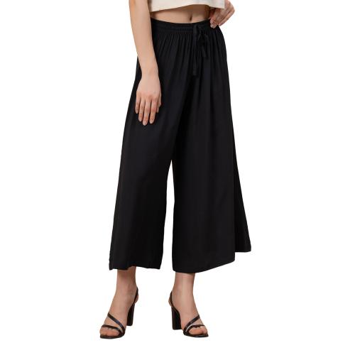 Mode By Red Tape Black Solid Cotton Linen Women's Palazzo