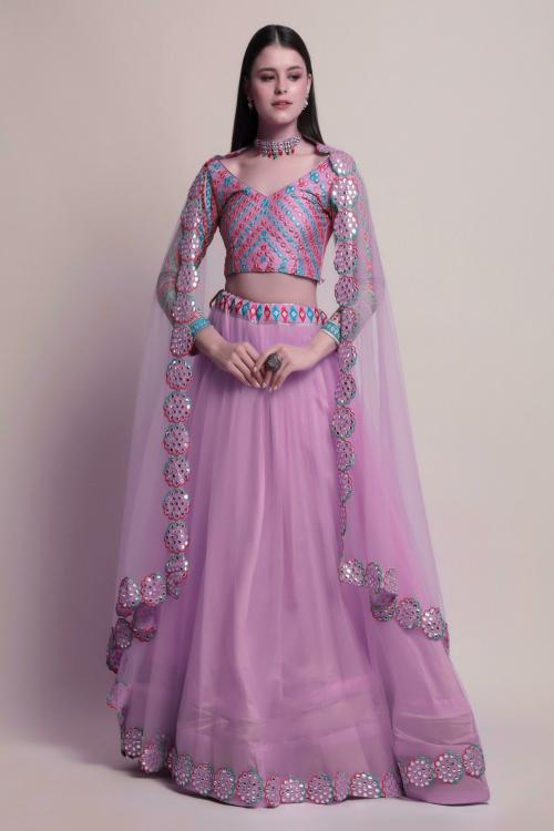 Atsevam Women Free Size Purple Self Design Net Lehenga Choli Set