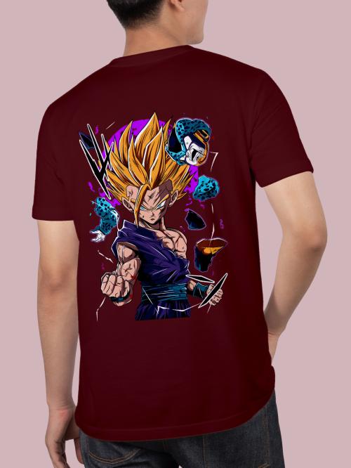 BLISSINK Dragon ball Z Front And Back Printed Maroon Cotton Tshirt for Men