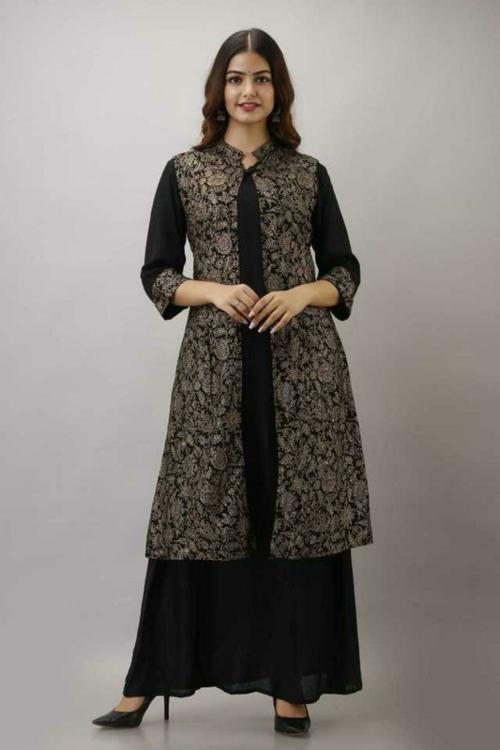 MRIGNAYANI Women Black Printed Cotton Rayon Blend Kurta (M)