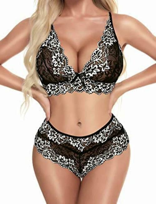 GC GLORIOUS CHOICE Multi Lace Printed Above Knee Baby Doll Night Dress | Bra Panty | Babydoll Nighty Sleepwear Lingerie Black