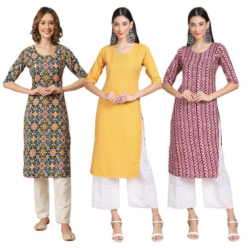 Ethnic Basket Women's Crepe Digital Print Straight Kurta [pack of 3]{CR-383-350-347-XL}