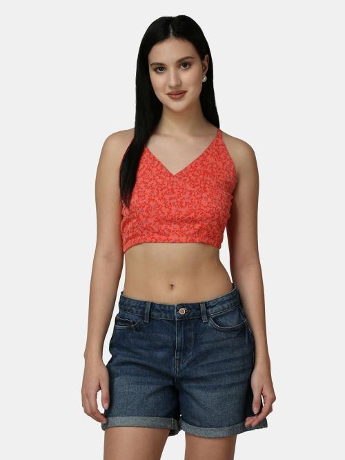 Popwings Women Casual Red Floral Printed Georgette Knot Crop Top | Tops for Women | Tops For Women Stylish | Tops Latest Design For Women