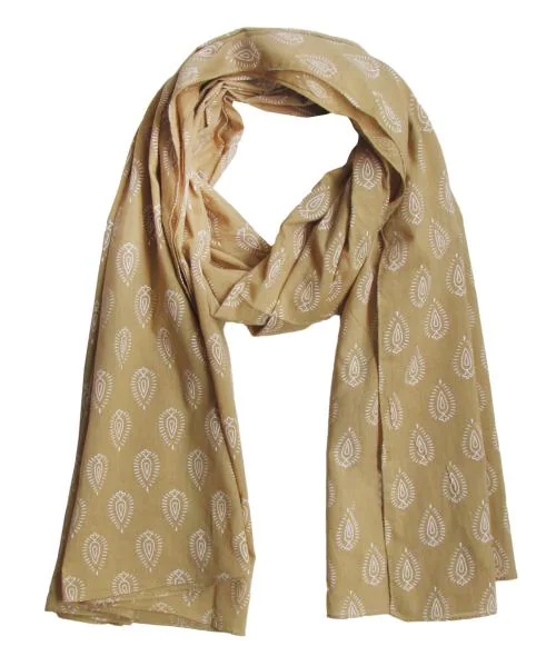 Fabtone Cotton Scarf for Women - Classic Golden Block Print Stole, Beige/White, 100% Soft Cotton, 100x180 cms, Summer Style