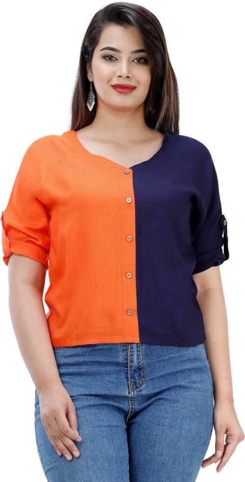 Fab Star Women Blue, Orange Color Block Viscose Rayon Tops