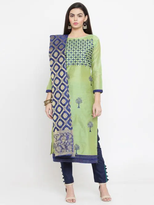 Parrot Green & Navy Blue Chanderi Embroidered Salwar Suit With Banarasi Dupatta