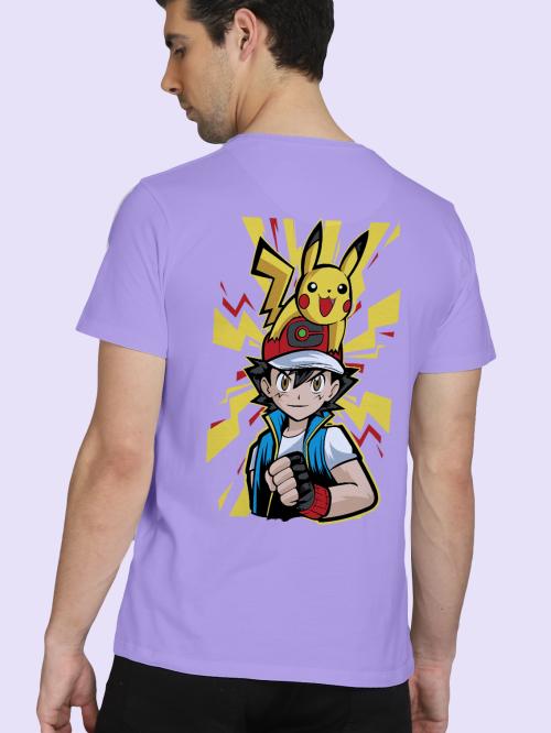 BLISSINK Pokemon Front And Back Printed Lavender Cotton Tshirt for Men