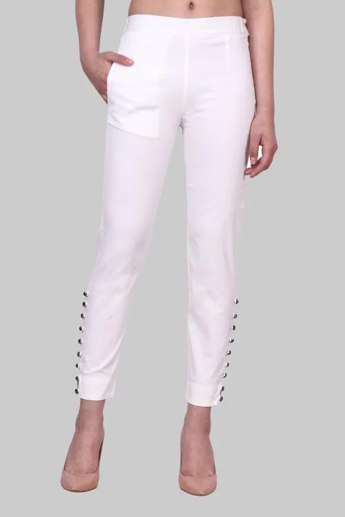 Women Mid Rise Stretchable White Cotton Trouser ! White Narrow Fit Trouser for Women