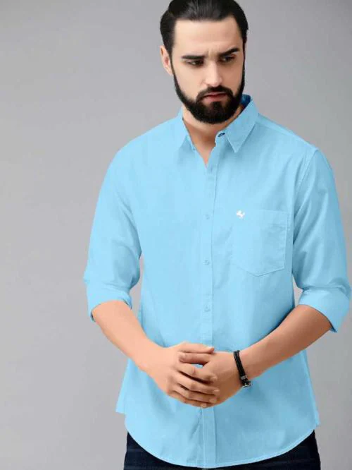 Bought First Men Light Blue Solid Pure Cotton Casual Shirt (L)