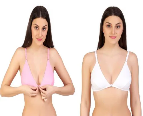 Zourt Poly Cotton B Cup Front Open Bra Set of 2 Light Pink-White