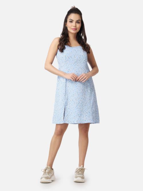 Popwings Women Sky Blue Floral Printed Fit & Flare Knee Length Front Slit Dress