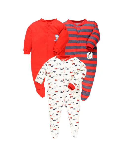 MYBABYTOWN BABY SLEEPSUIT ROMPER 100% Cotton Unisex Printed Dark Red Pack of 3 Rompers & Onesies 6-9 M RM-RED-A-6-9