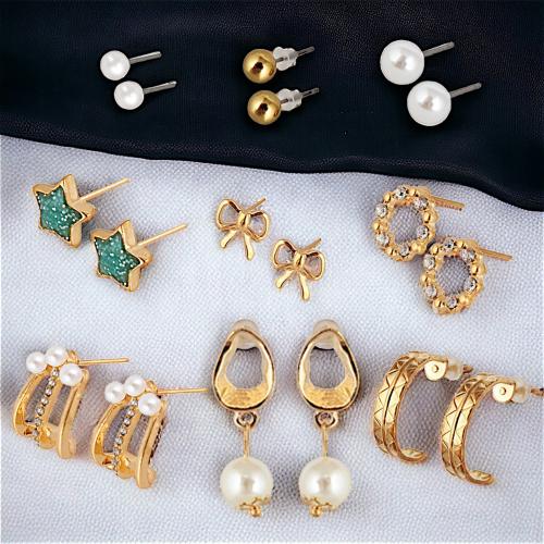 LUCKY JEWELLERY Fashion 9 Pairs Combo Set Of Latest Earrings Pearl Stone Studs Star, Bow Design Tops Earing Gold Plated Drop Cuff Earing C Shaped Semi Hoop Earring for Women & Girls (195-CHEX-1013B-9)