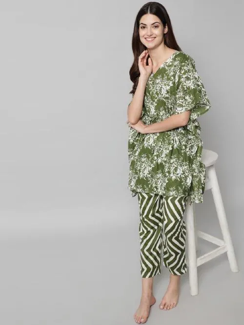 SEPHANI Women Green Colour Kaftan| Cotton Fabric with Pyjama