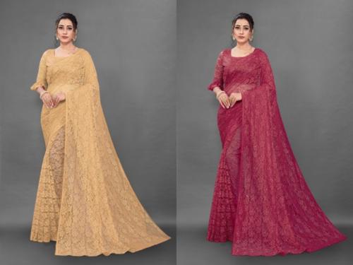 Fashion Field Women Gold and Maroon Self Design Net Saree with Unstitched Blouse Piece (Pack of 2)