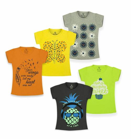 PIP N PAP Girls Multicolor Cotton T-Shirt (Pack of 5)