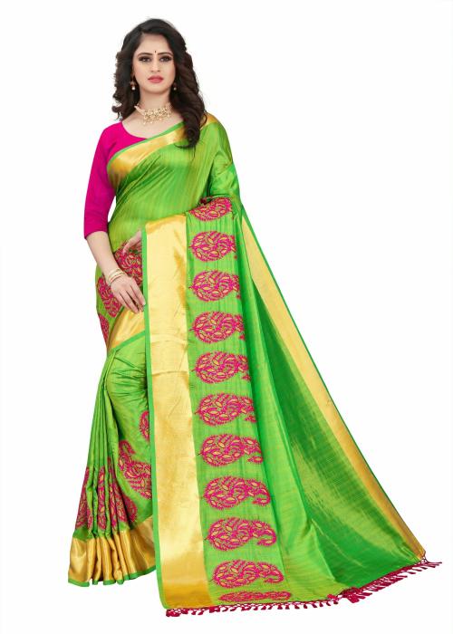 VBHP FASHION BAHUBALI Silk Saree Embroidery work for Women's with Blouse Piece-Light Green