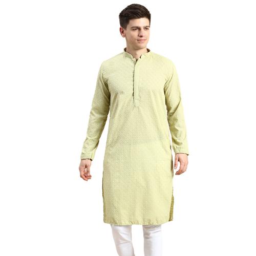 Men's Parrot Green Thread Work Chikankari Indian Style Cotton Kurta by Sanwara