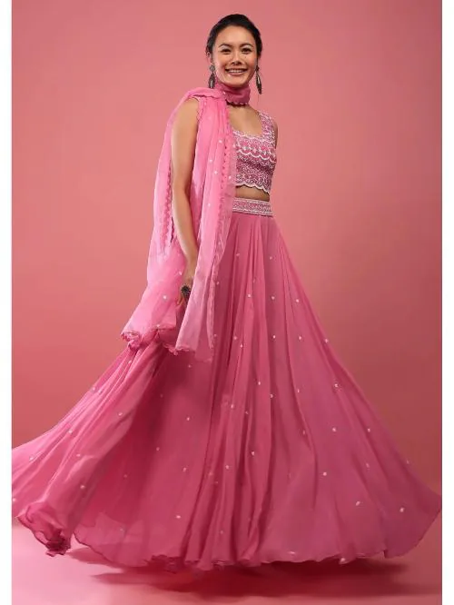 Fab Window Womens Georgette Fabric Sequince Embroidery Work Lehenga Choli with Dupatta. [ Semi-Stitch-3052_Pink]
