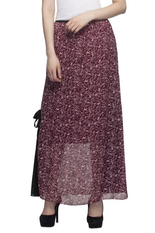 One Femme Women's Printed Long Maxi Skirt with Side Belt