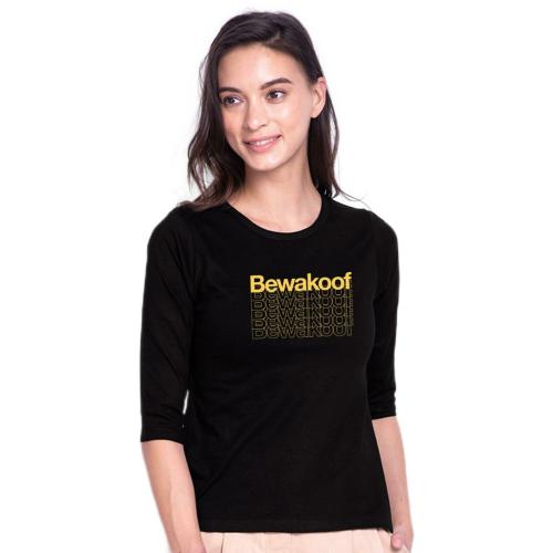 Bewakoof Women's Black Logo Round Neck 3/4th Sleeve T-shirt