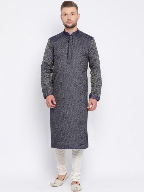 Sanwara Men Blue Jacquard Self Design Kurta and Churidar Set