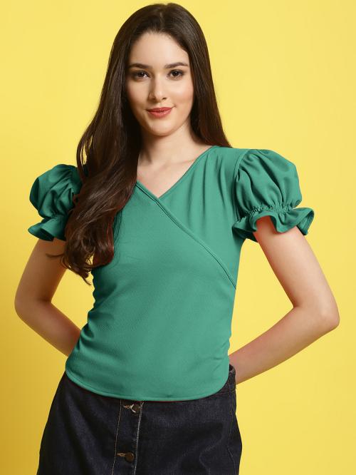 Fabflee Women Mint Green Solid Puff Sleeve Wrap Top (Women Top | Women Tops | Top)