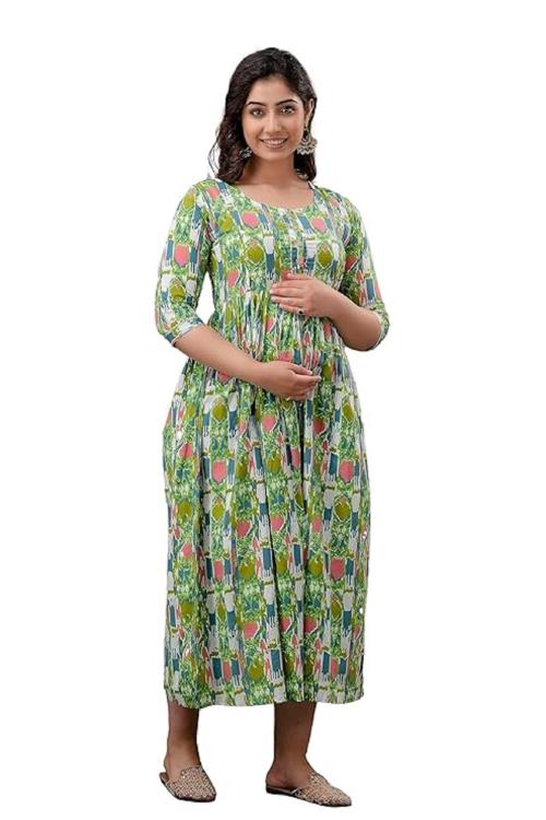 ANUOM Women's Printed Cotton Both Side Invisible Vertical Zipper/ Feeding Kurti/ Maternity Gown