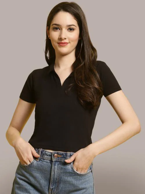 Fabflee Women’s Shirt Collar Rib Knitted Short Sleeves Tops For Women | ribbed top | tops for womens | tops | womens top | crop tops for women | brown crop tops for women