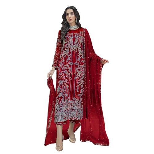 UdayArt Women's Net Embroidery and Hand work Red Color Semi stitched Designer Dress material